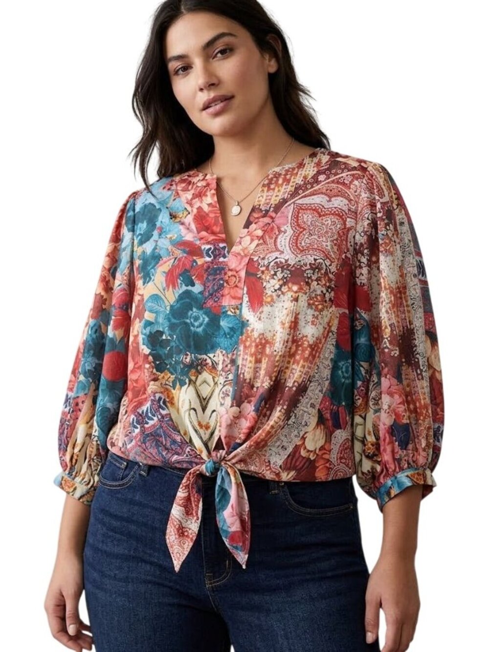 Chicos Blouse Size XL 4 Paisley Floral Patchwork Split V-Neck 3/4 Sleeve Boho